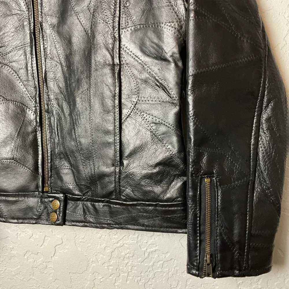 M. Collection Women’s Black Leather Patchwork Zip Up Bomber Jacket Sz Med